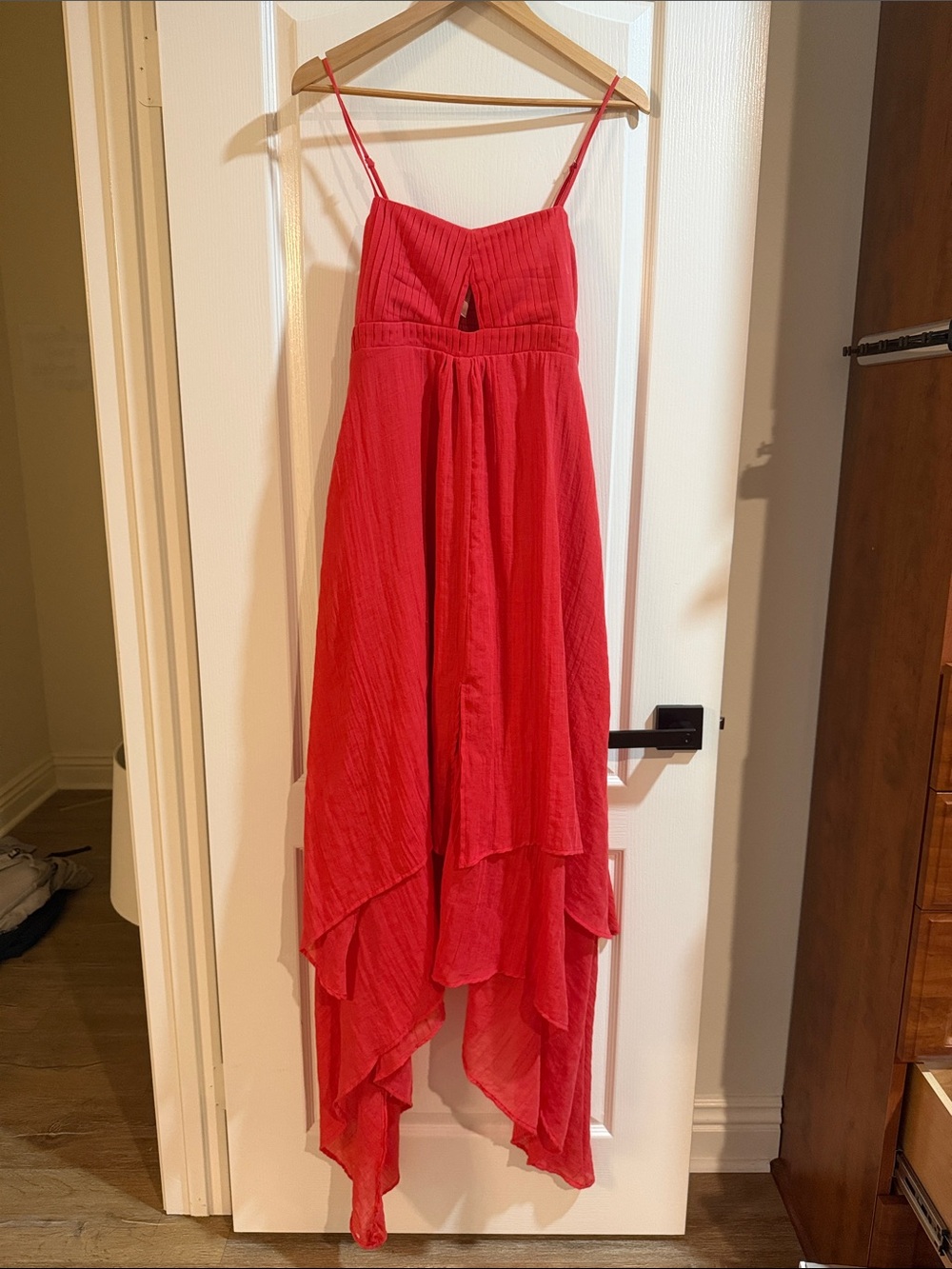 mahina Red Spaghetti-Strap Handkerchief-Hem Dress